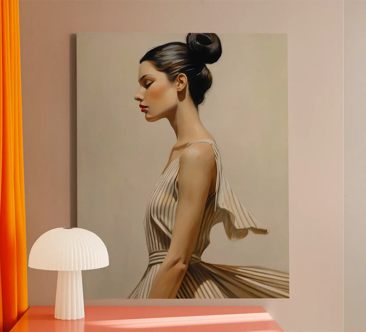 Retrato mujer elegante con vestido de colores suaves naturales lienzo con Marco flotante de Take Your Art BV