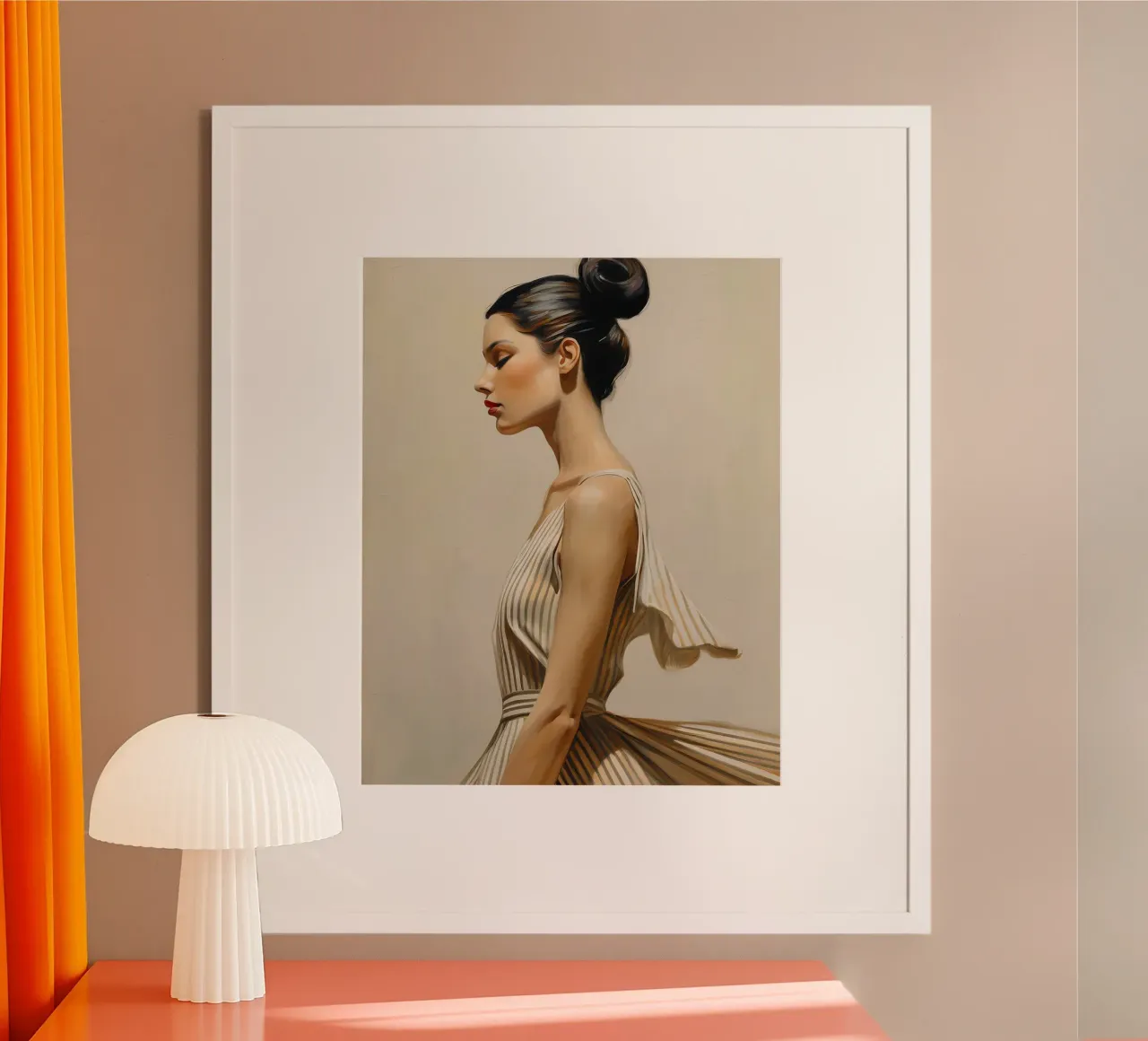Ritratto donna elegante in abito naturale colori tenui poster con telaio in plastica da Take Your Art BV