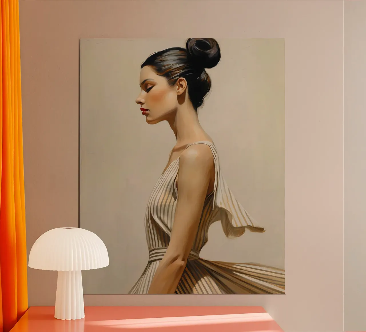 Ritratto donna elegante in abito naturale colori tenui poster con telaio in plastica da Take Your Art BV