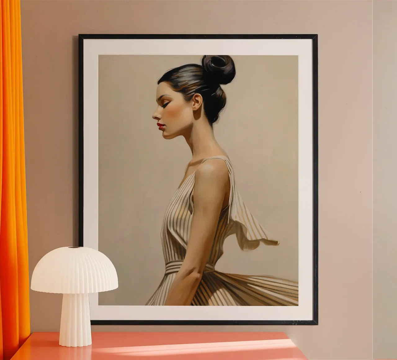 Ritratto donna elegante in abito naturale colori tenui poster con telaio in plastica da Take Your Art BV