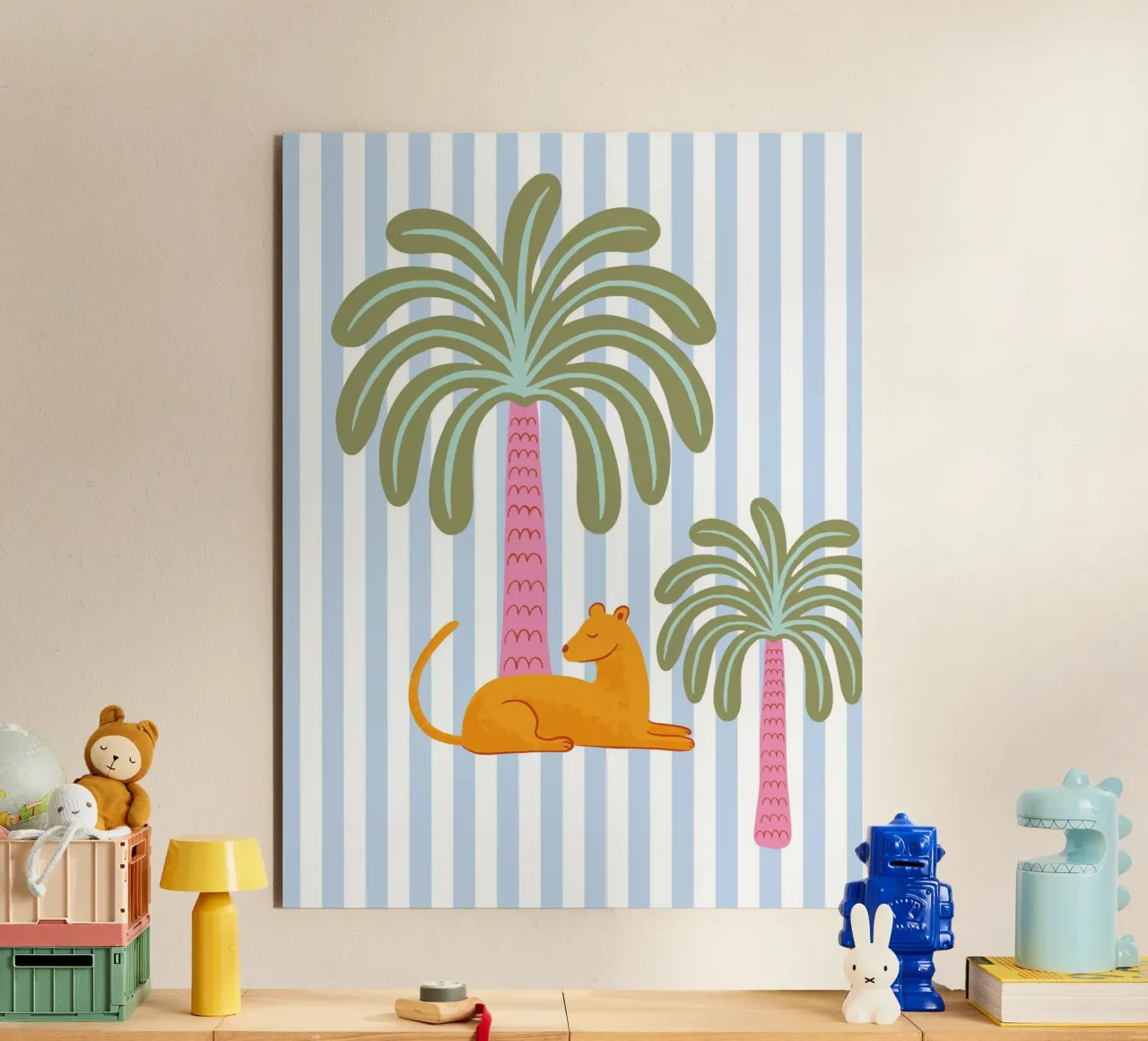 Orange jungle cat with palm on blue stripes alluminio dibond da Vivdesign
