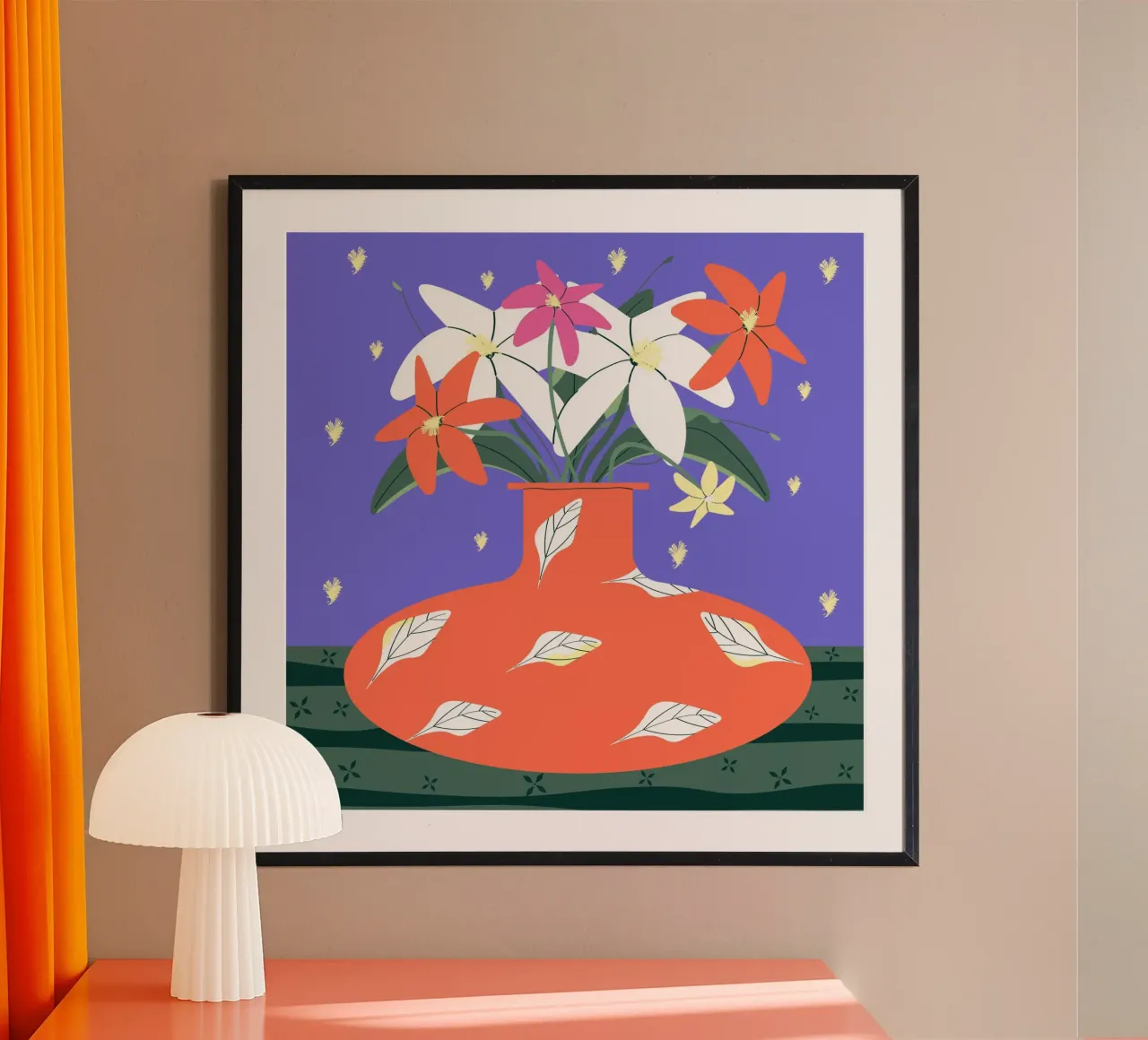 Vaso decorativo in terracotta con fiori poster con telaio in legno da Silvie Illustration