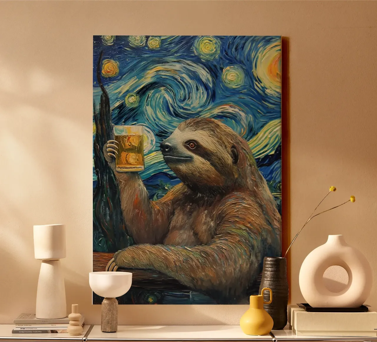 Bradipo che beve birra tela con Cornice a cassetta da Abstract Botanical Art