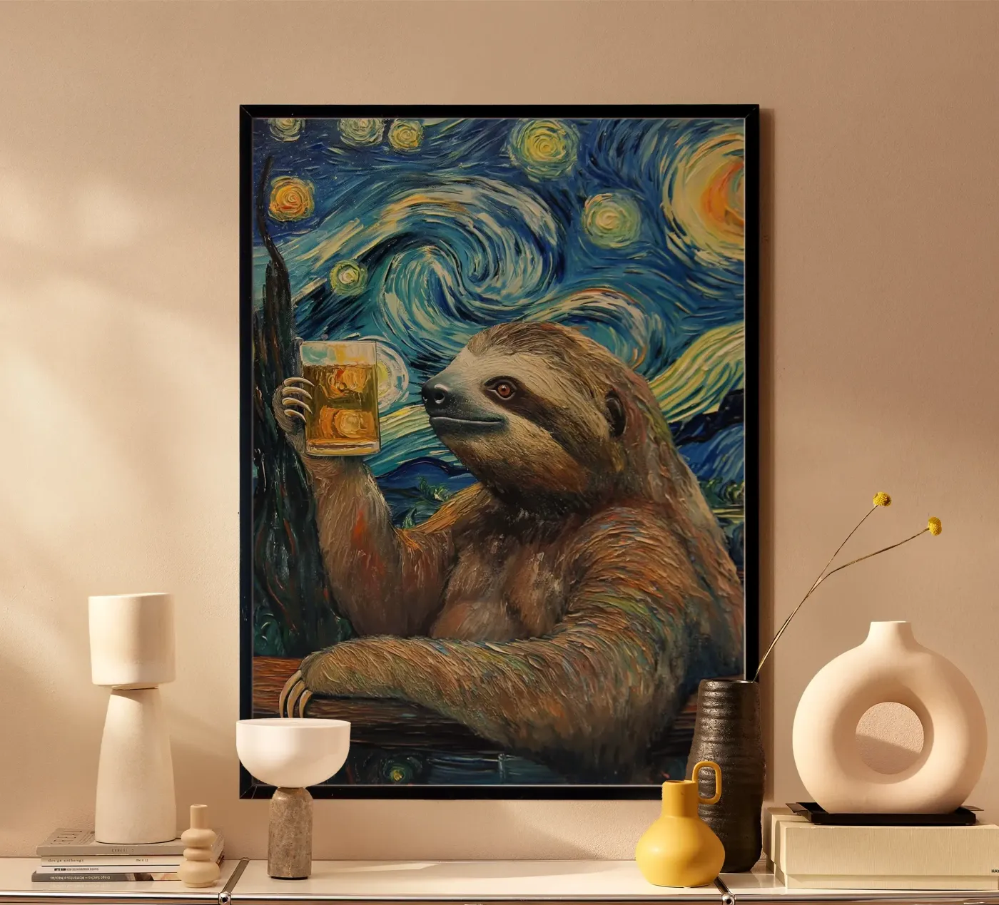 Sloth drinking beer poster by Abstract Botanical Art