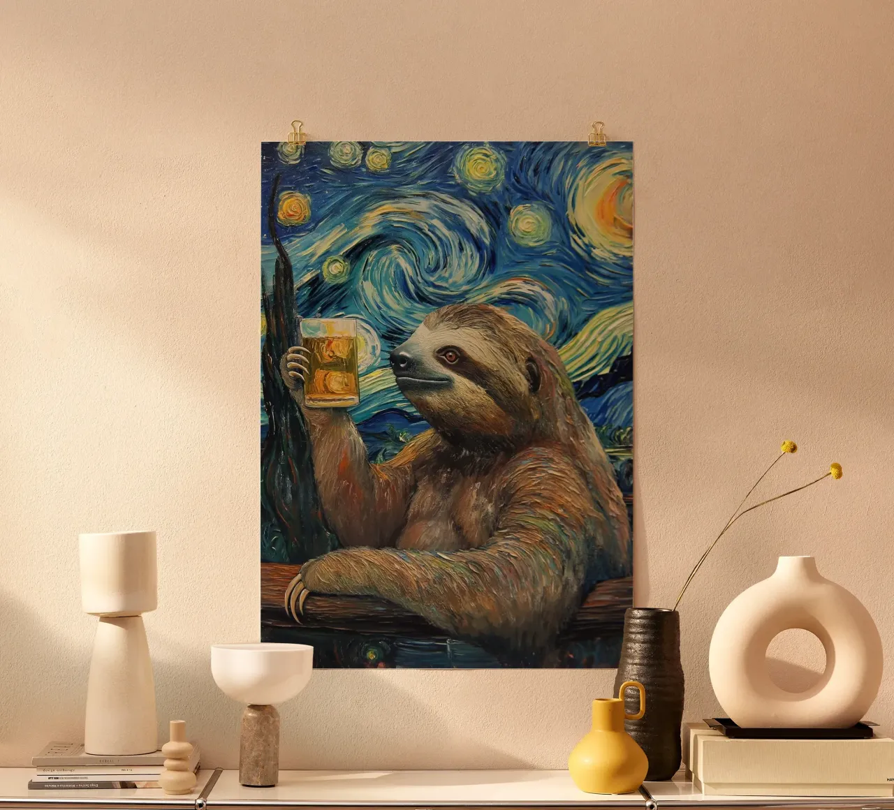 Bradipo che beve birra poster con telaio in plastica da Abstract Botanical Art