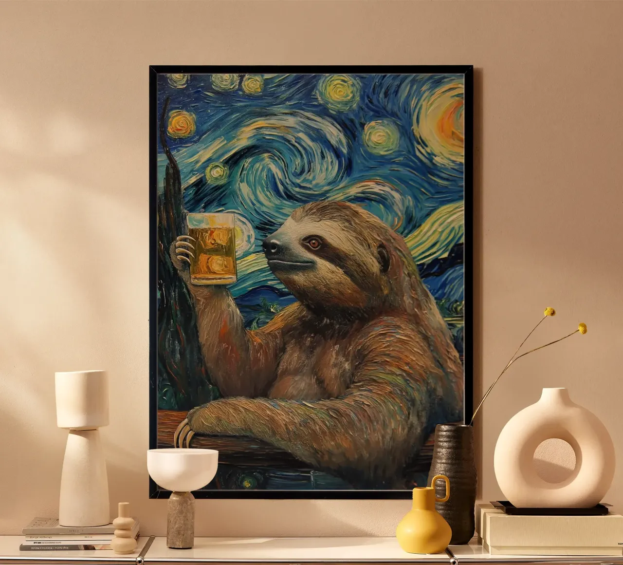 Bradipo che beve birra poster con telaio in plastica da Abstract Botanical Art