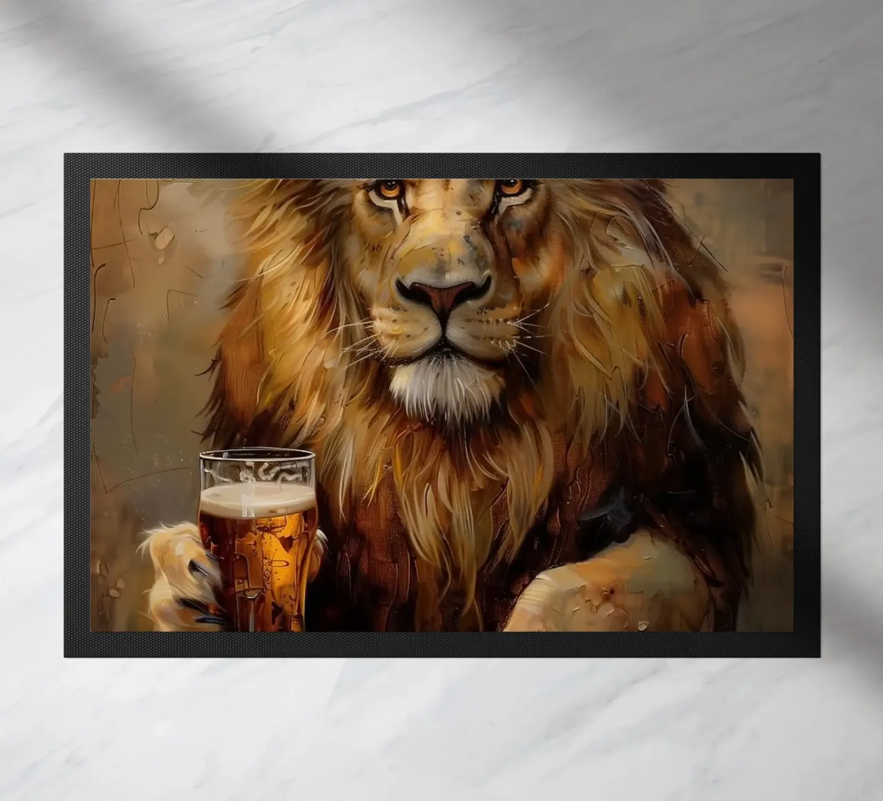 Leone che beve birra zerbino da Abstract Botanical Art