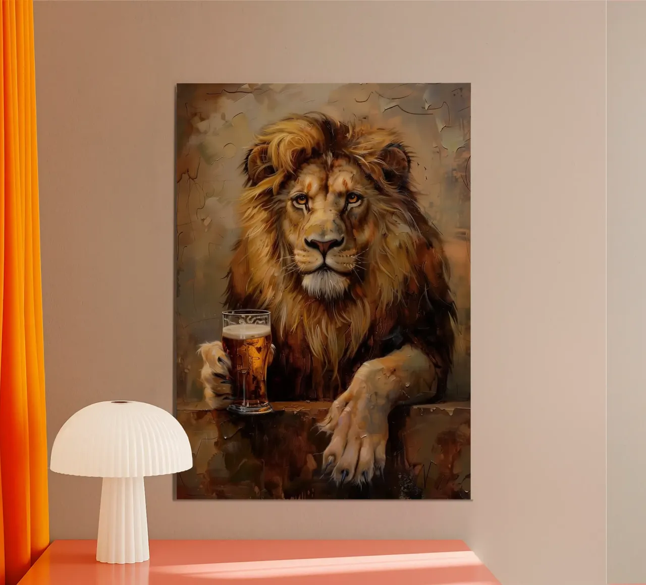 Leone che beve birra alluminio dibond da Abstract Botanical Art