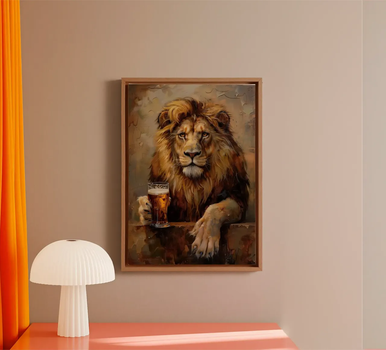 Leone che beve birra tela con Cornice a cassetta da Abstract Botanical Art