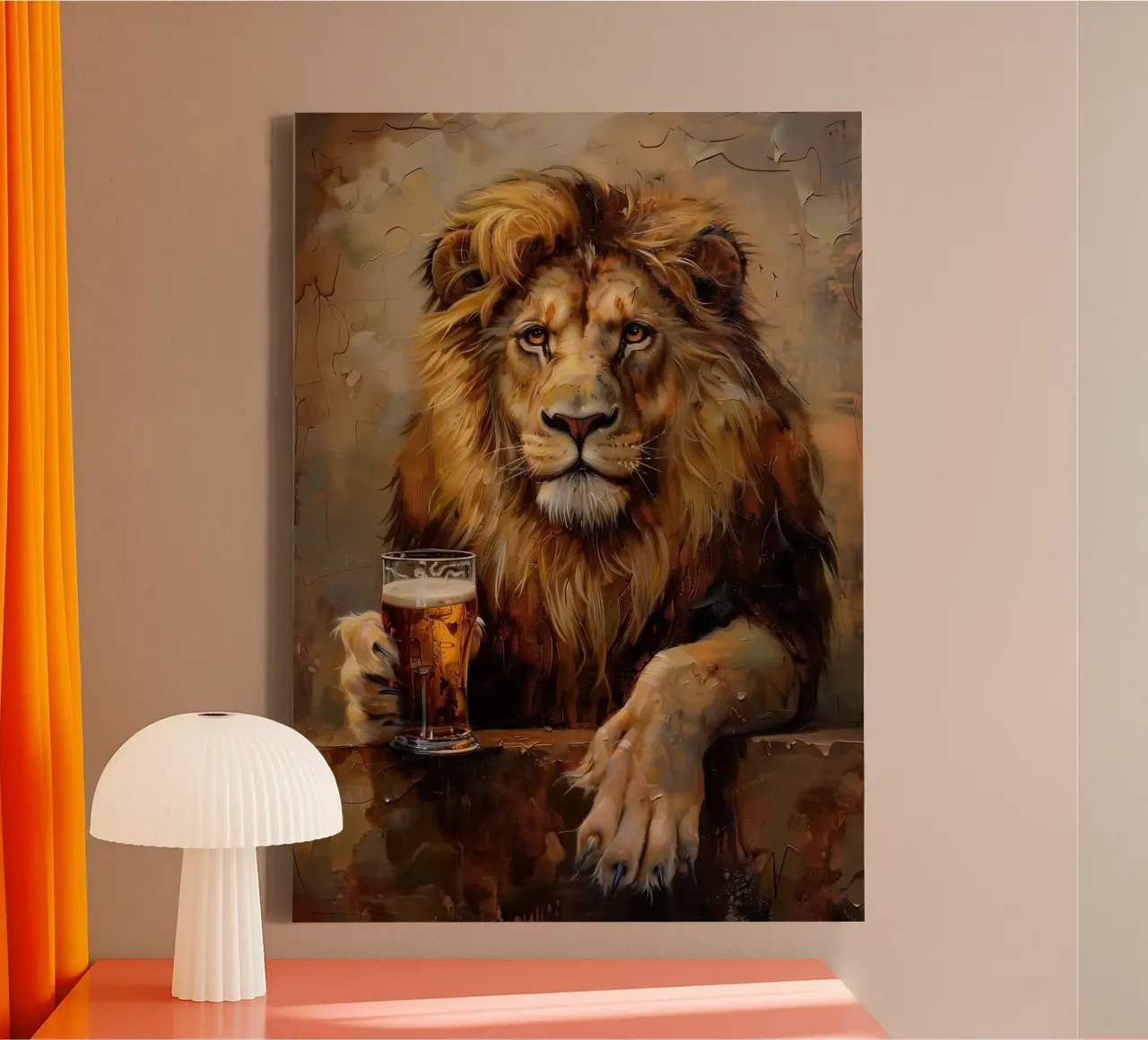 Leone che beve birra tela con Cornice a cassetta da Abstract Botanical Art