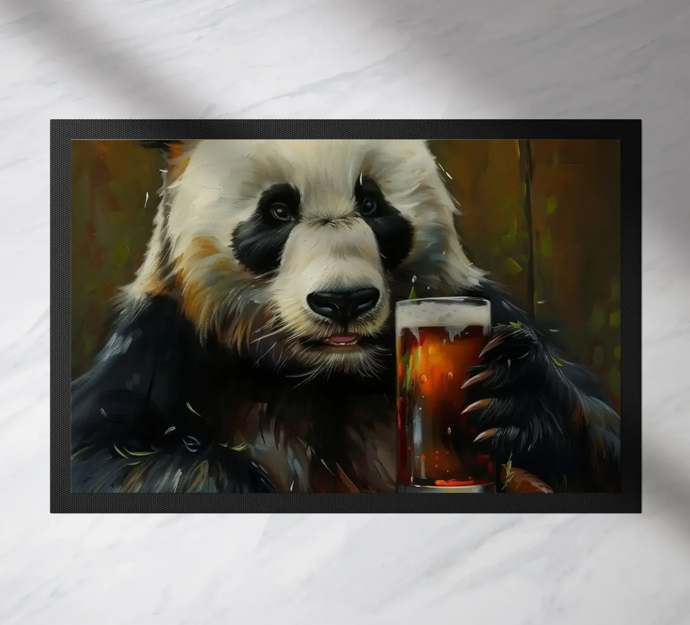 panda drinking beer doormat by Abstract Botanical Art