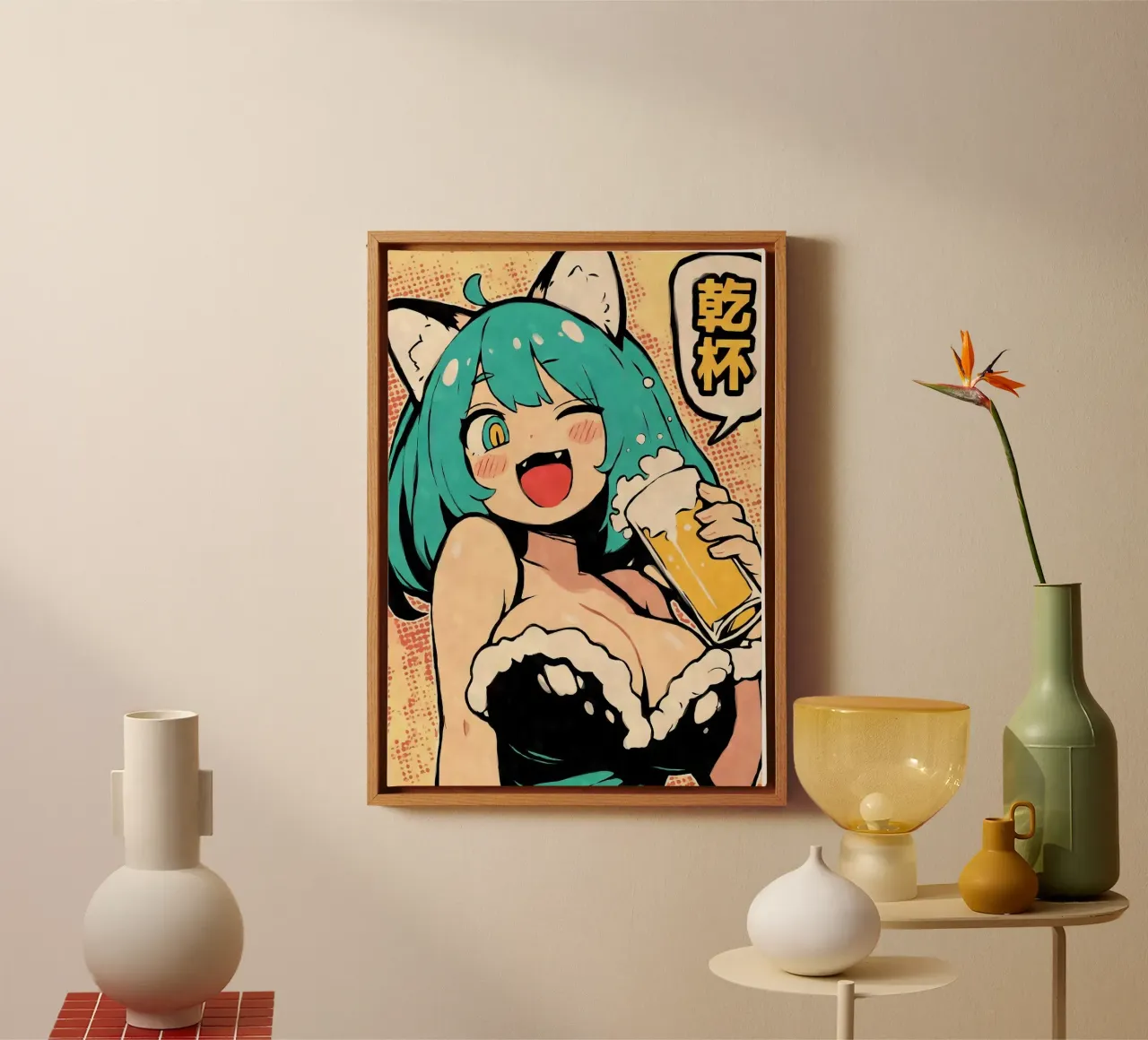 ragazza anime che beve birra tela con Cornice a cassetta da Abstract Botanical Art