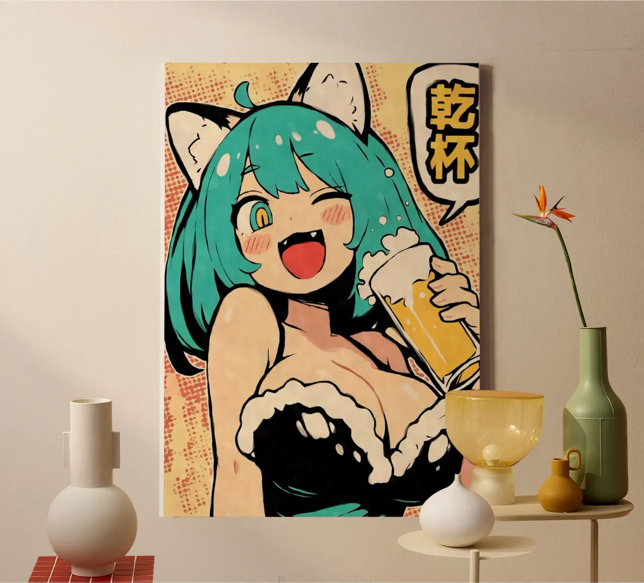 ragazza anime che beve birra tela con Cornice a cassetta da Abstract Botanical Art