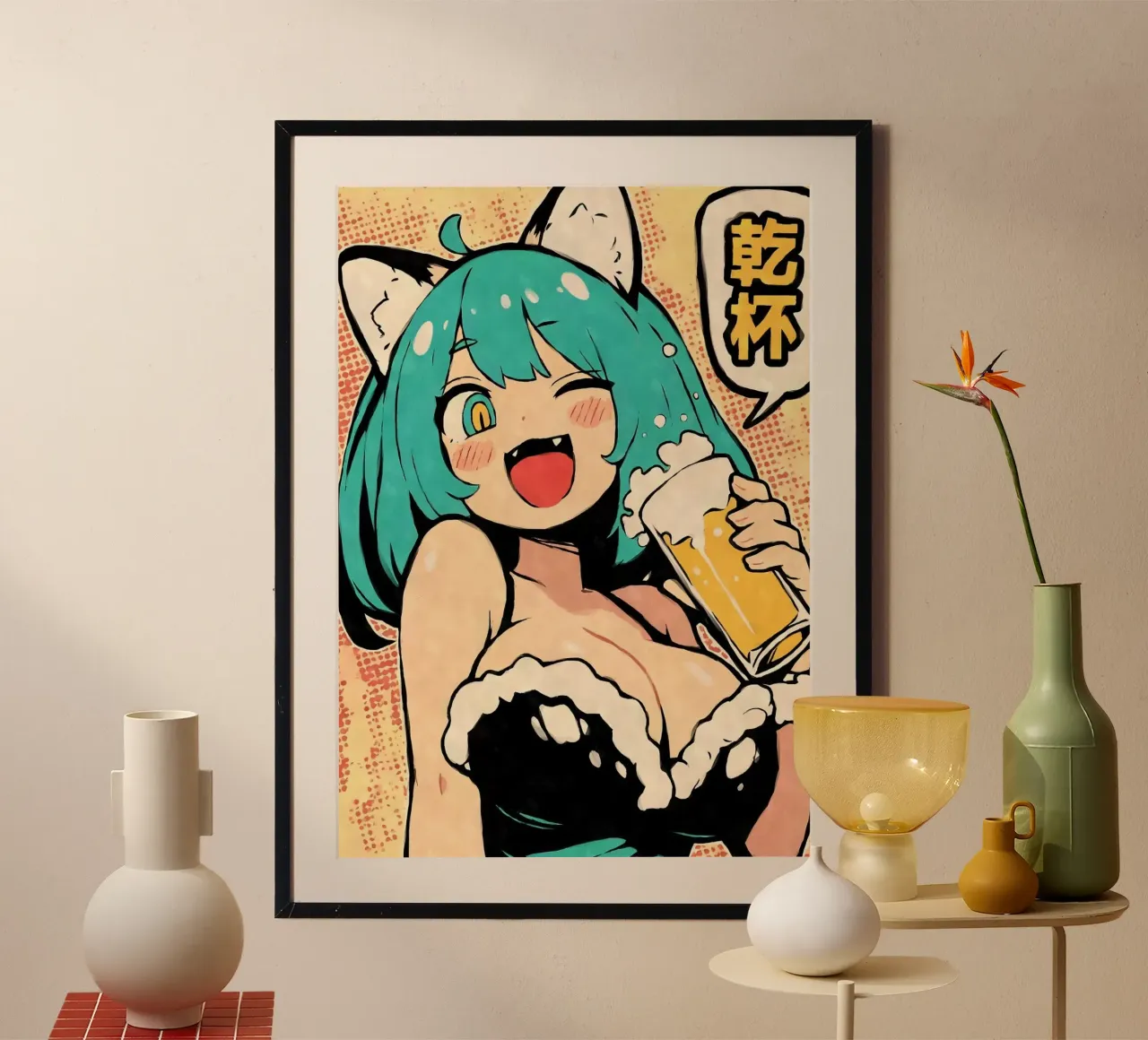 ragazza anime che beve birra poster da Abstract Botanical Art