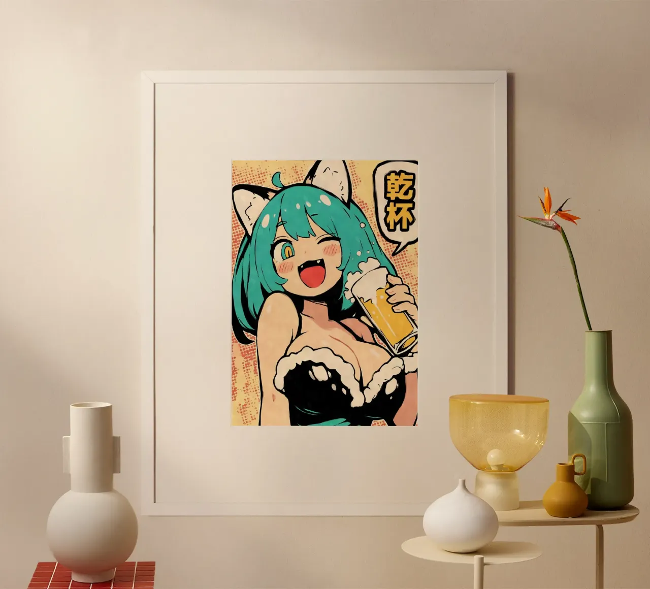 ragazza anime che beve birra poster da Abstract Botanical Art
