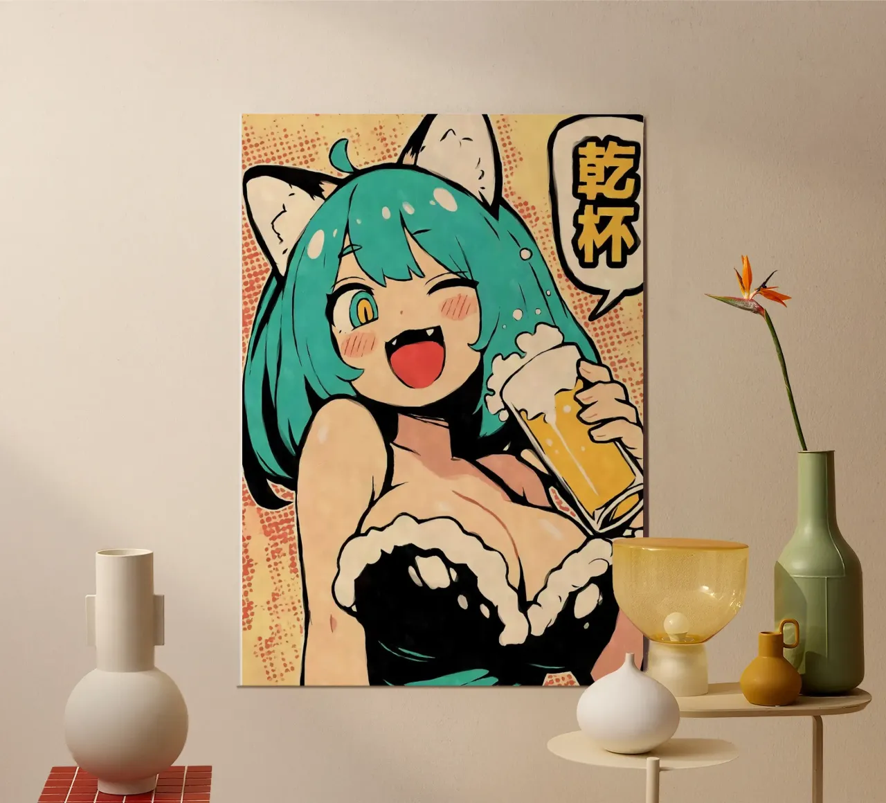 ragazza anime che beve birra poster da Abstract Botanical Art