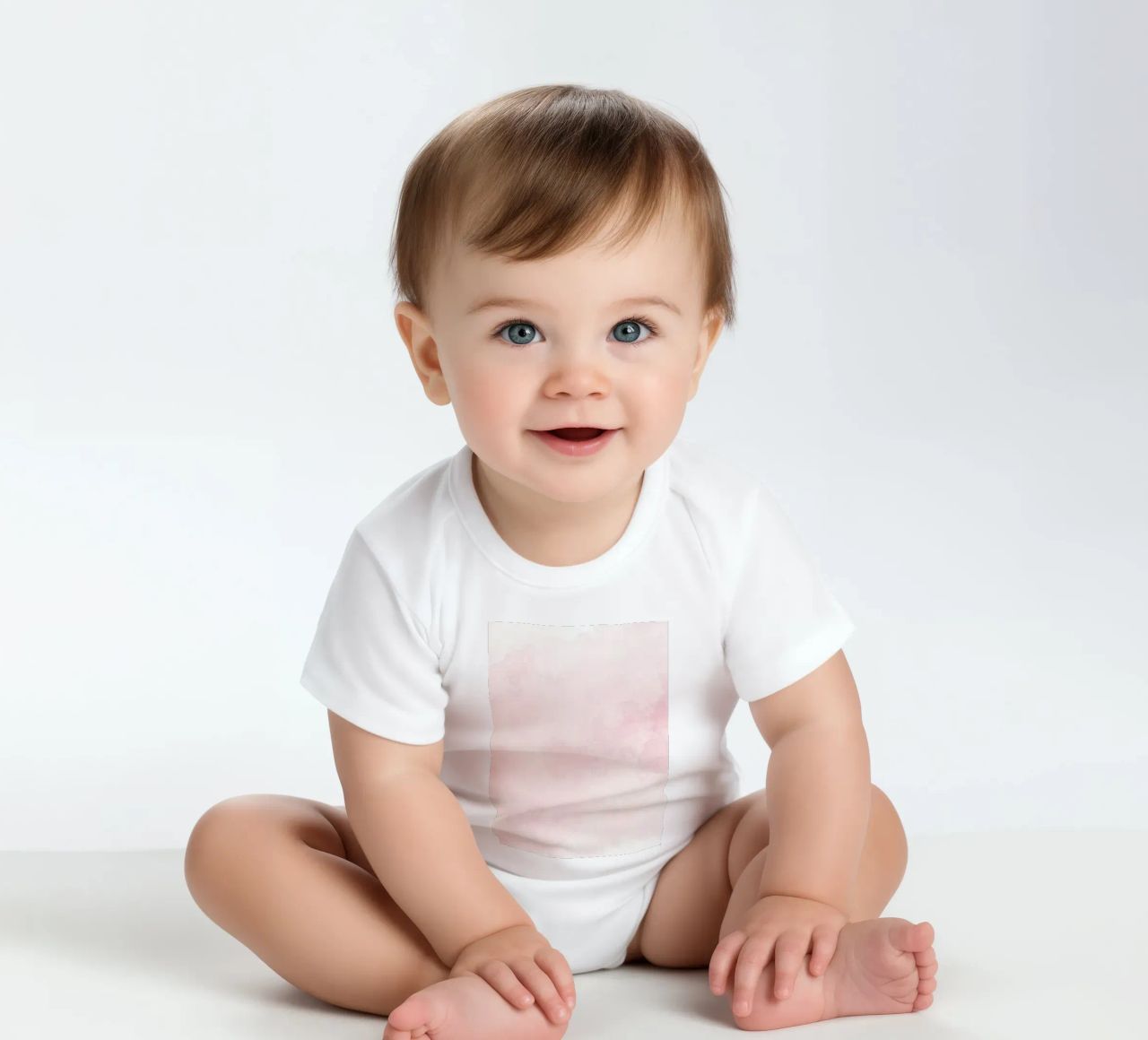 Soft pastel clouds create a serene atmosphere in a tranquil short-sleeve baby romper by DesignDoodle