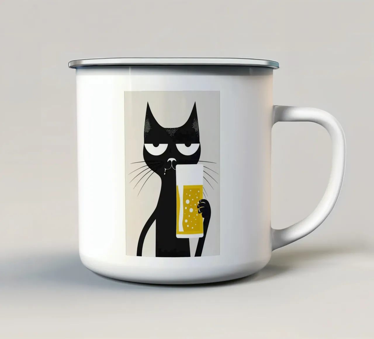 Gatto nero che beve birra tazza in smalto da Abstract Botanical Art