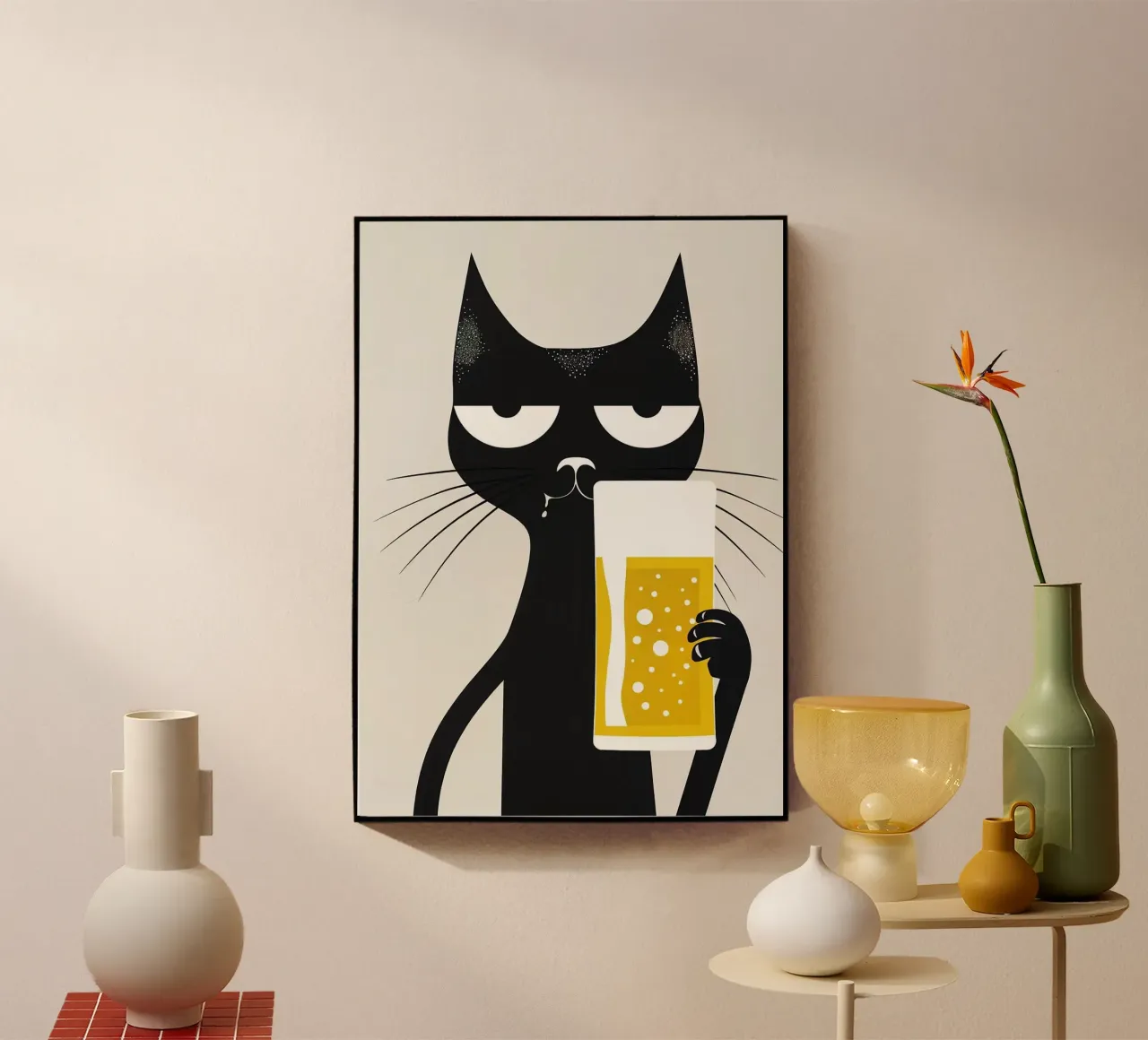 Black cat drinking beer acrylic glass by Abstract Botanical Art