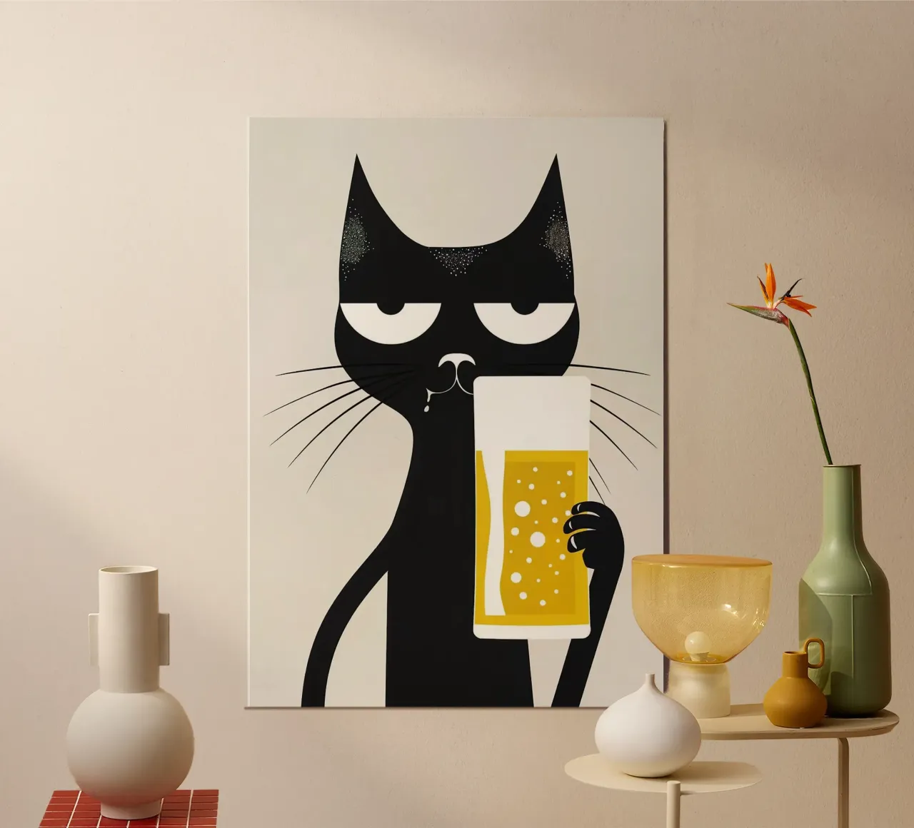 Schwarze Katze trinkt Bier Alu-Dibond von Abstract Botanical Art