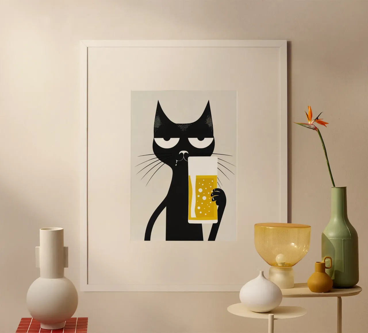 Gatto nero che beve birra poster da Abstract Botanical Art