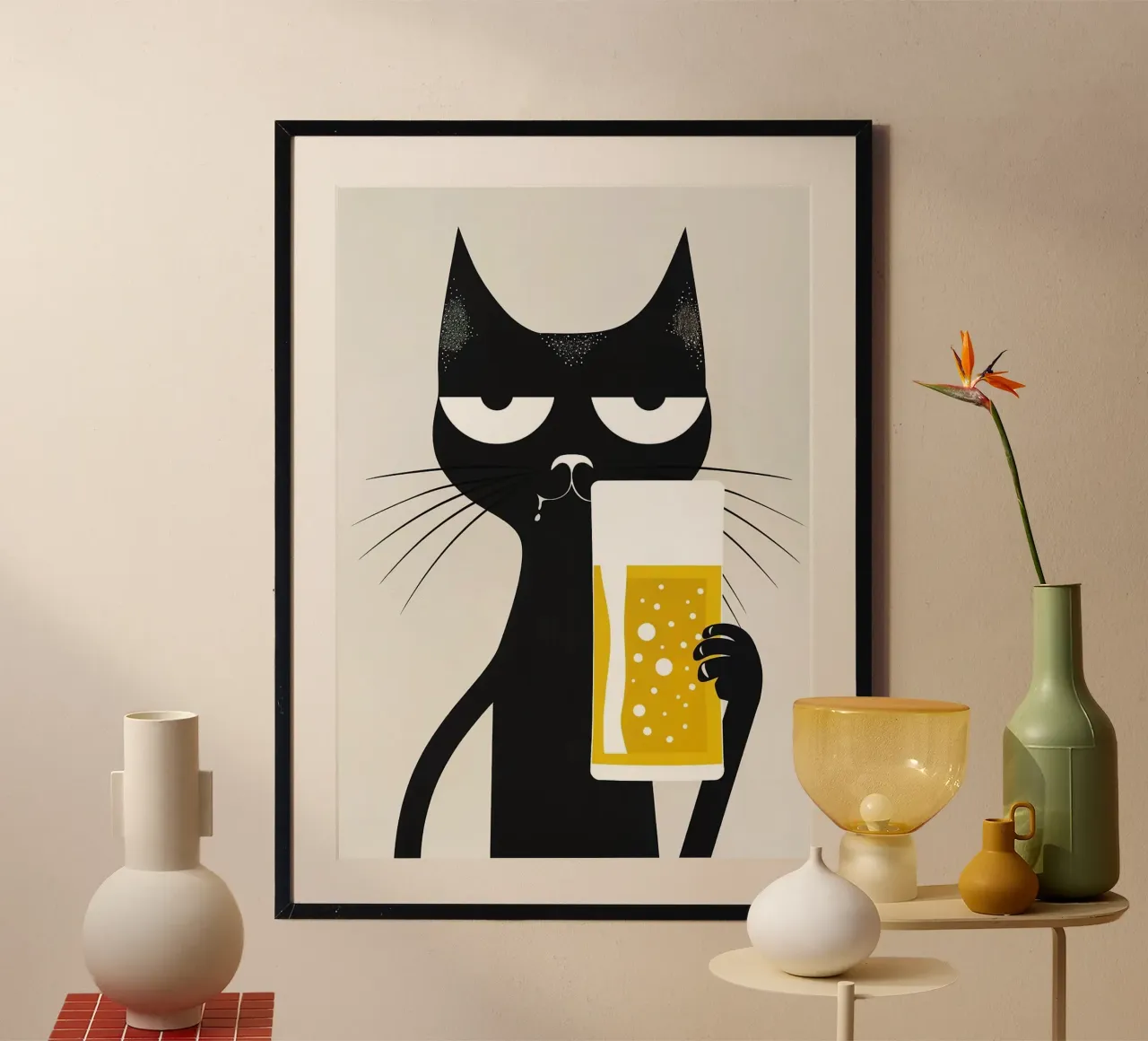 Gatto nero che beve birra poster da Abstract Botanical Art