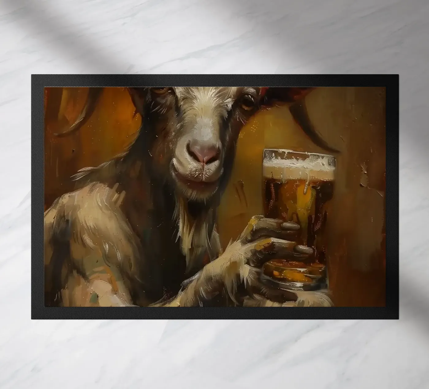 Goat drinking beer doormat by Abstract Botanical Art