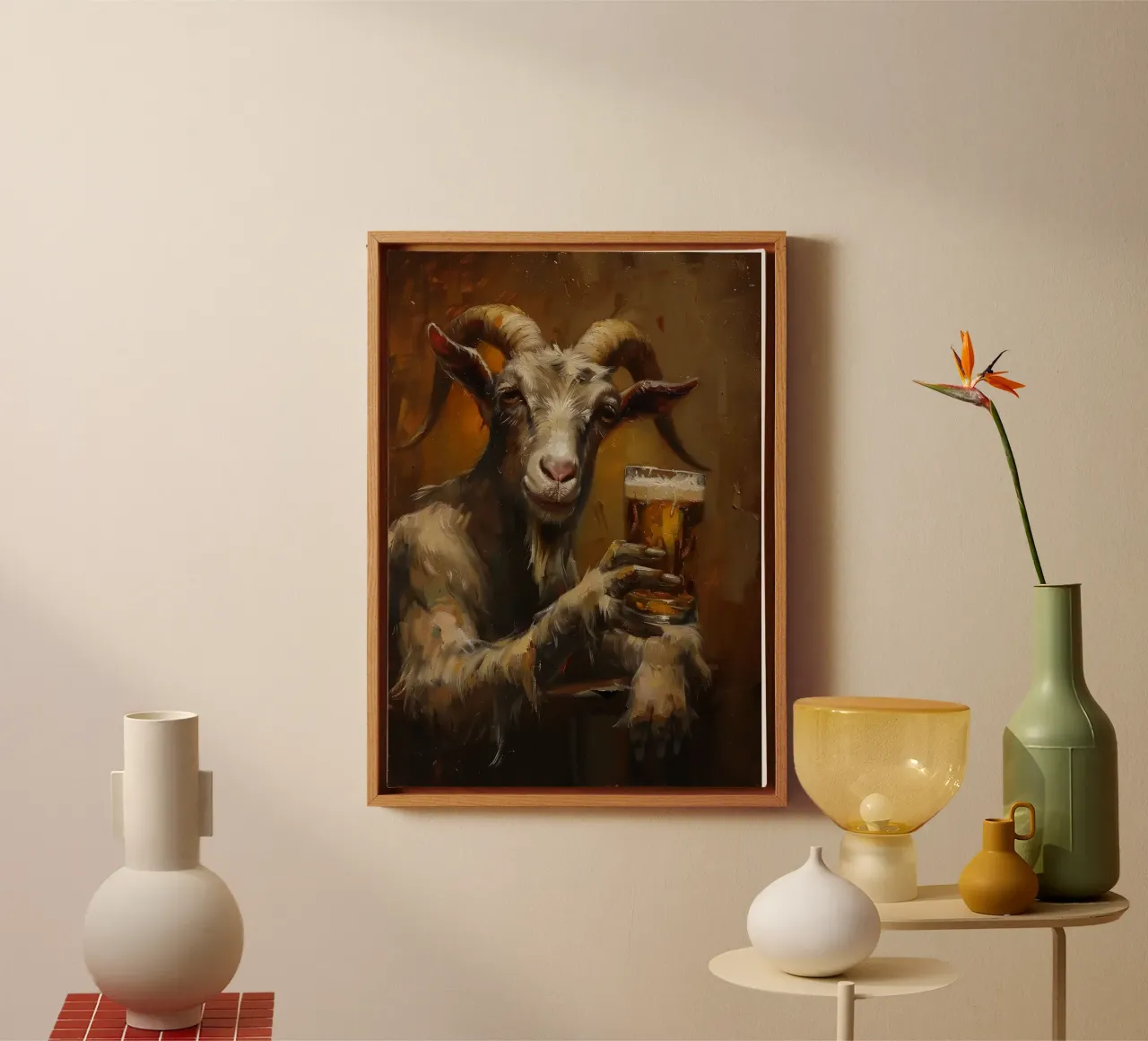 Goat drinking beer canvas with Floater frame by Abstract Botanical Art