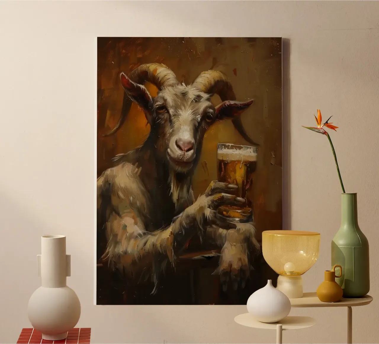 Goat drinking beer canvas with Floater frame by Abstract Botanical Art