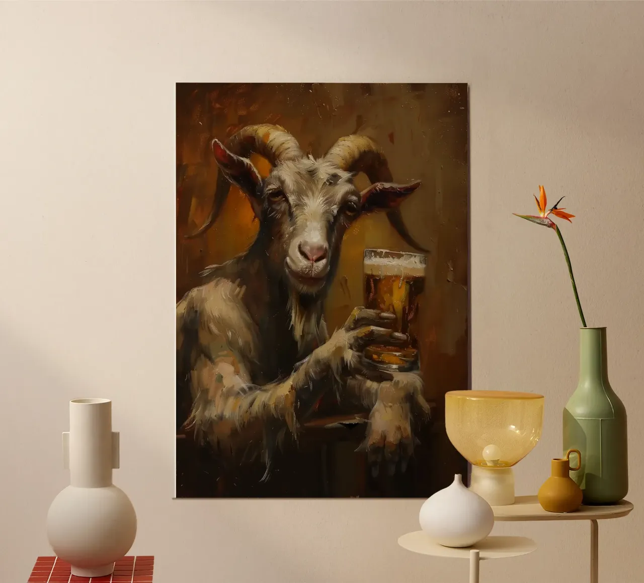 Capra che beve birra poster con telaio in plastica da Abstract Botanical Art