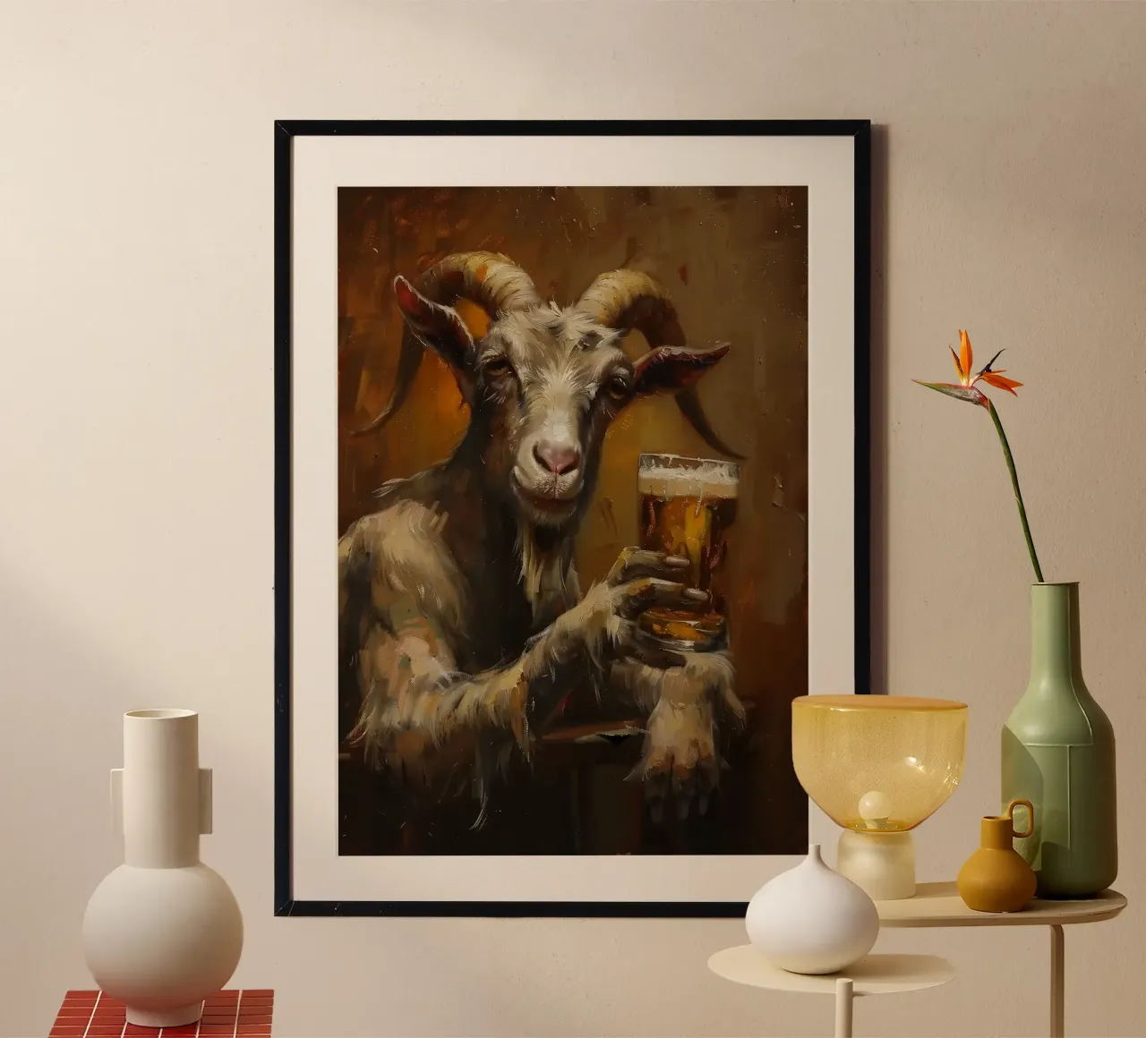 Capra che beve birra poster con telaio in plastica da Abstract Botanical Art