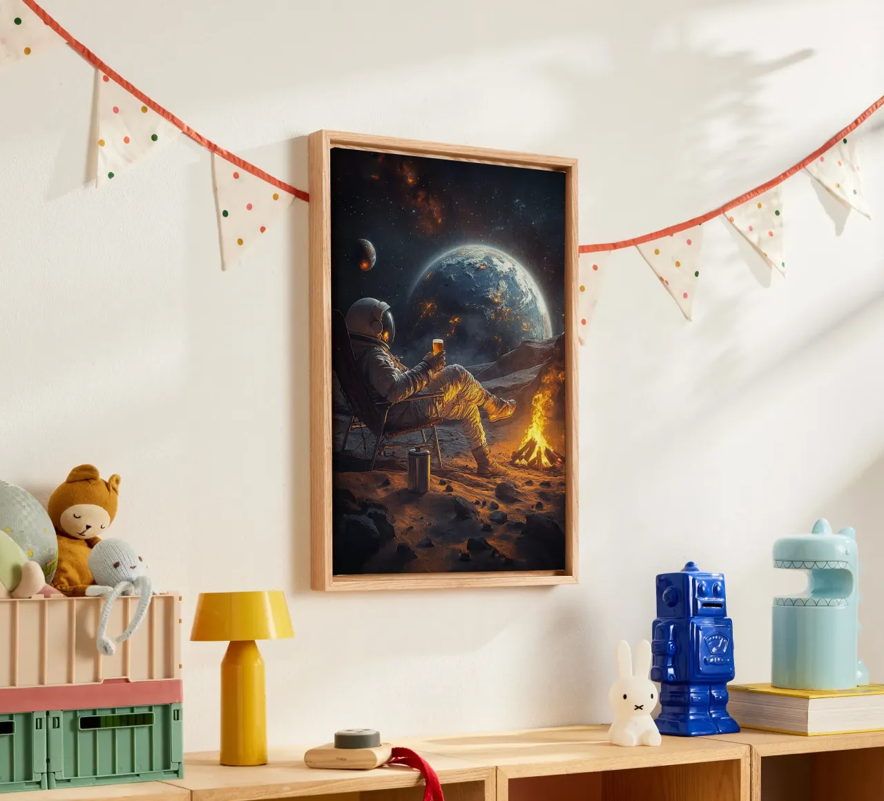 astronaut drinkt bier canvas met Baklijst van Abstract Botanical Art