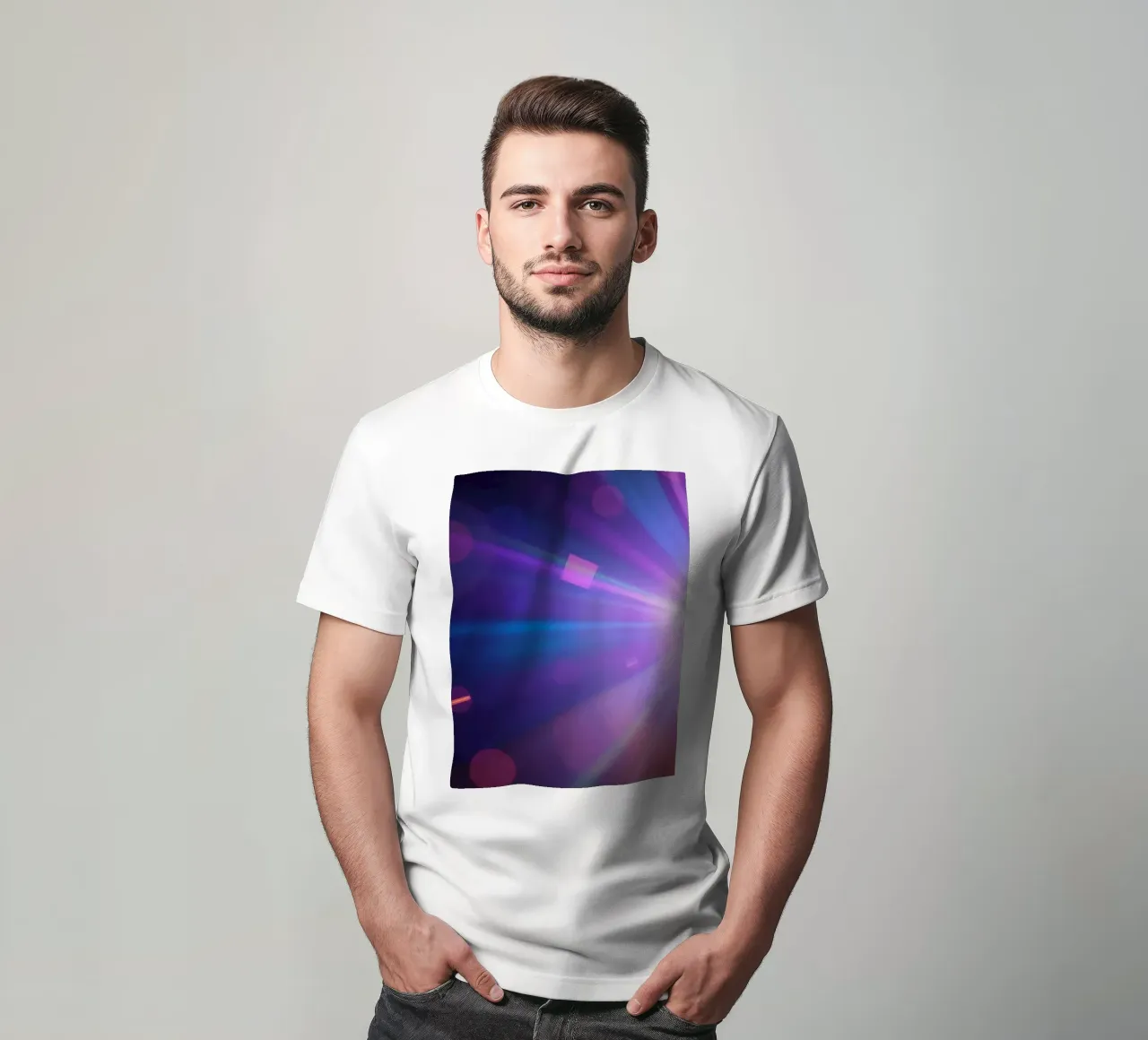 Colorful light rays create a vibrant display in a dark art t-shirt by DesignDoodle