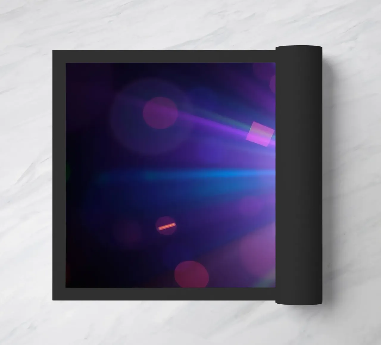 Colorful light rays create a vibrant display in a dark art doormat by DesignDoodle
