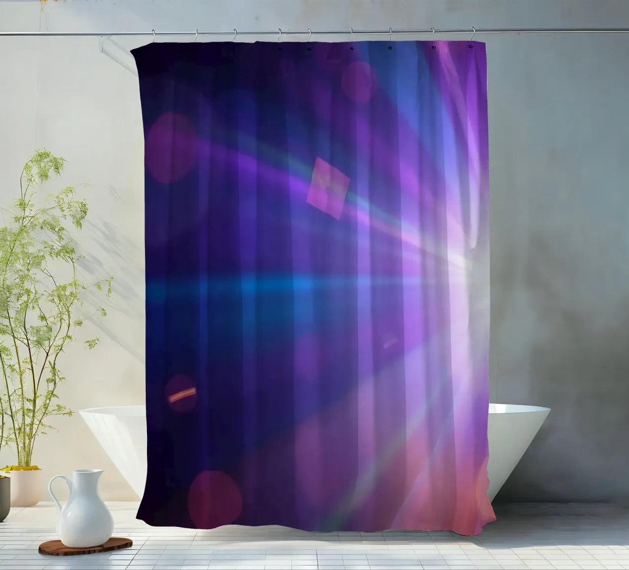 Bunte Lichtstrahlen schaffen eine lebendige Darstellung in einer dunklen Kunst Duschvorhang von DesignDoodle
