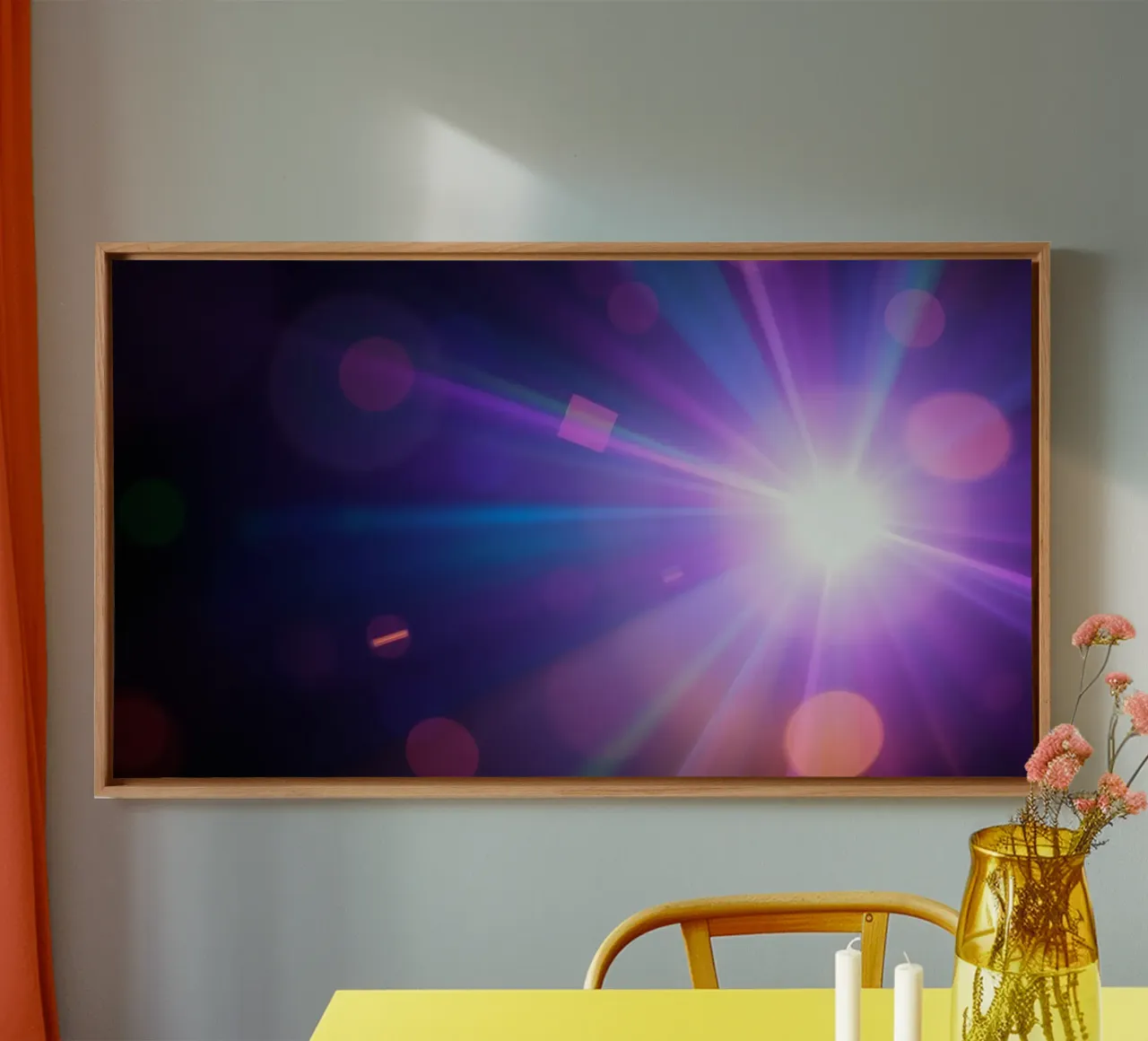 Colorful light rays create a vibrant display in a dark art canvas by DesignDoodle