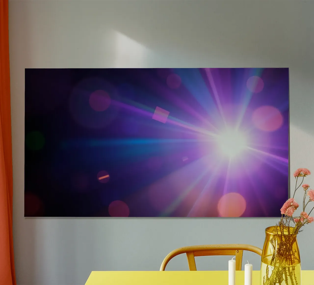 Colorful light rays create a vibrant display in a dark art hahnemühle by DesignDoodle