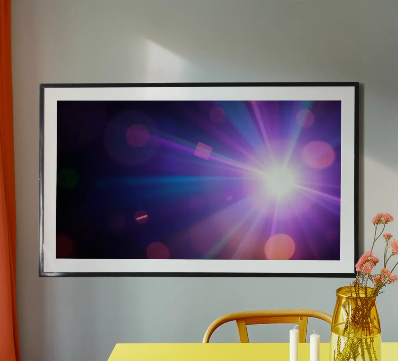 Colorful light rays create a vibrant display in a dark art hahnemühle by DesignDoodle