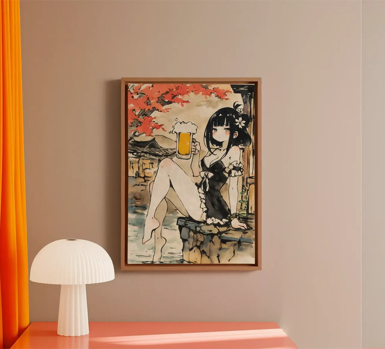 ragazza anime che beve birra tela con Cornice a cassetta da Abstract Botanical Art