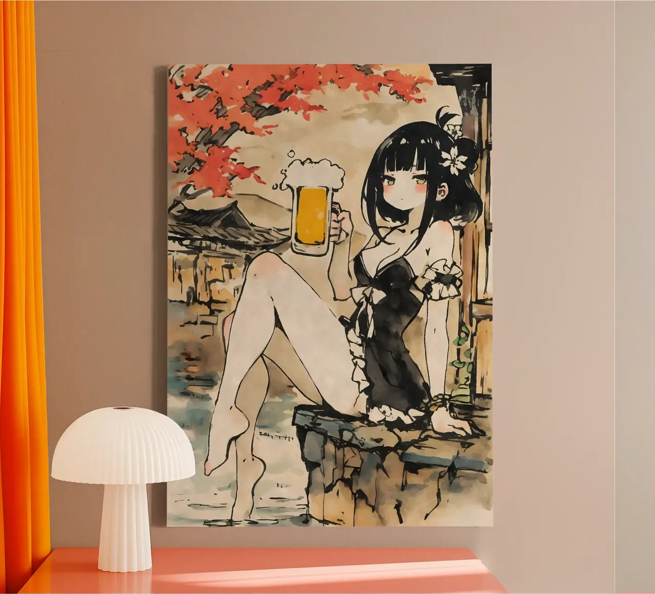 ragazza anime che beve birra tela con Cornice a cassetta da Abstract Botanical Art