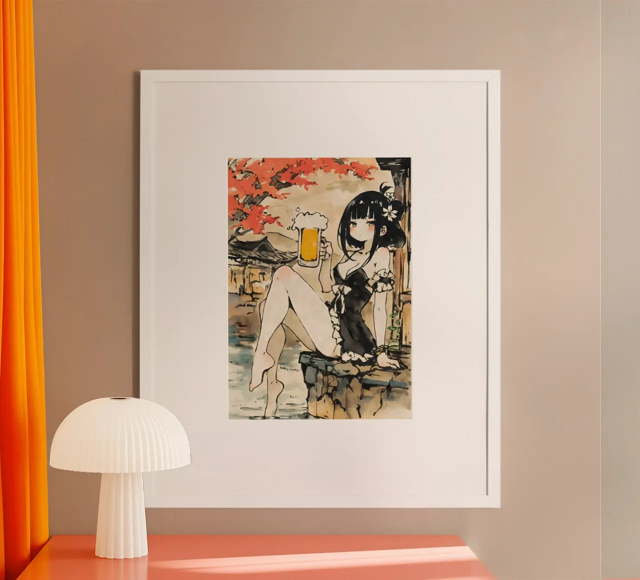 ragazza anime che beve birra poster con telaio in plastica da Abstract Botanical Art