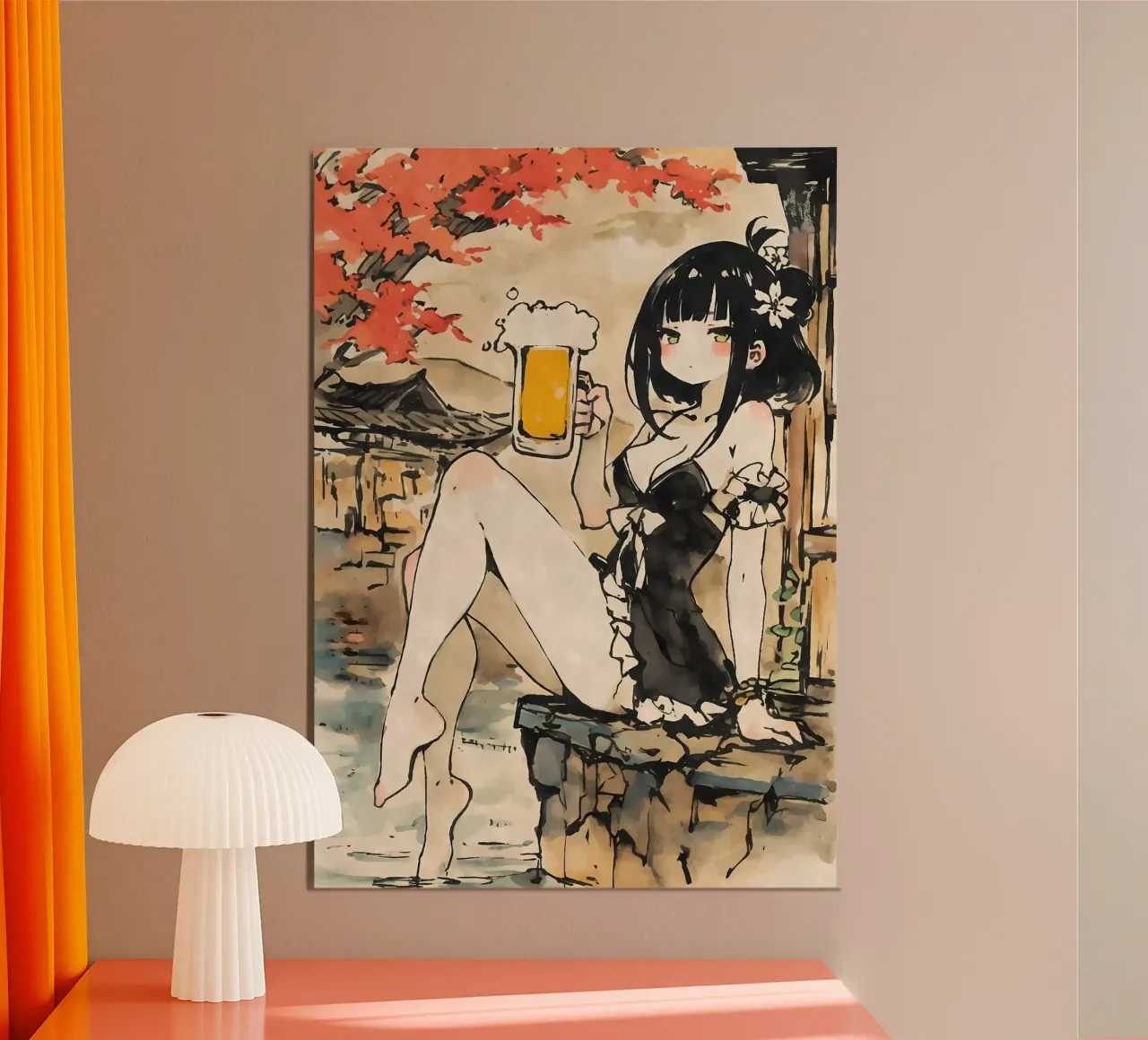 ragazza anime che beve birra poster con telaio in plastica da Abstract Botanical Art