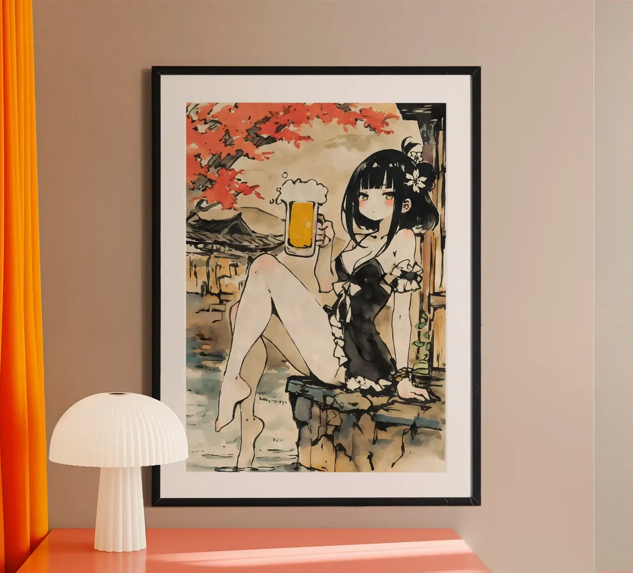 ragazza anime che beve birra poster con telaio in plastica da Abstract Botanical Art