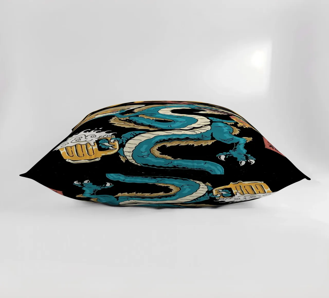 Dragon drinking beer with pizza cuscino da Abstract Botanical Art