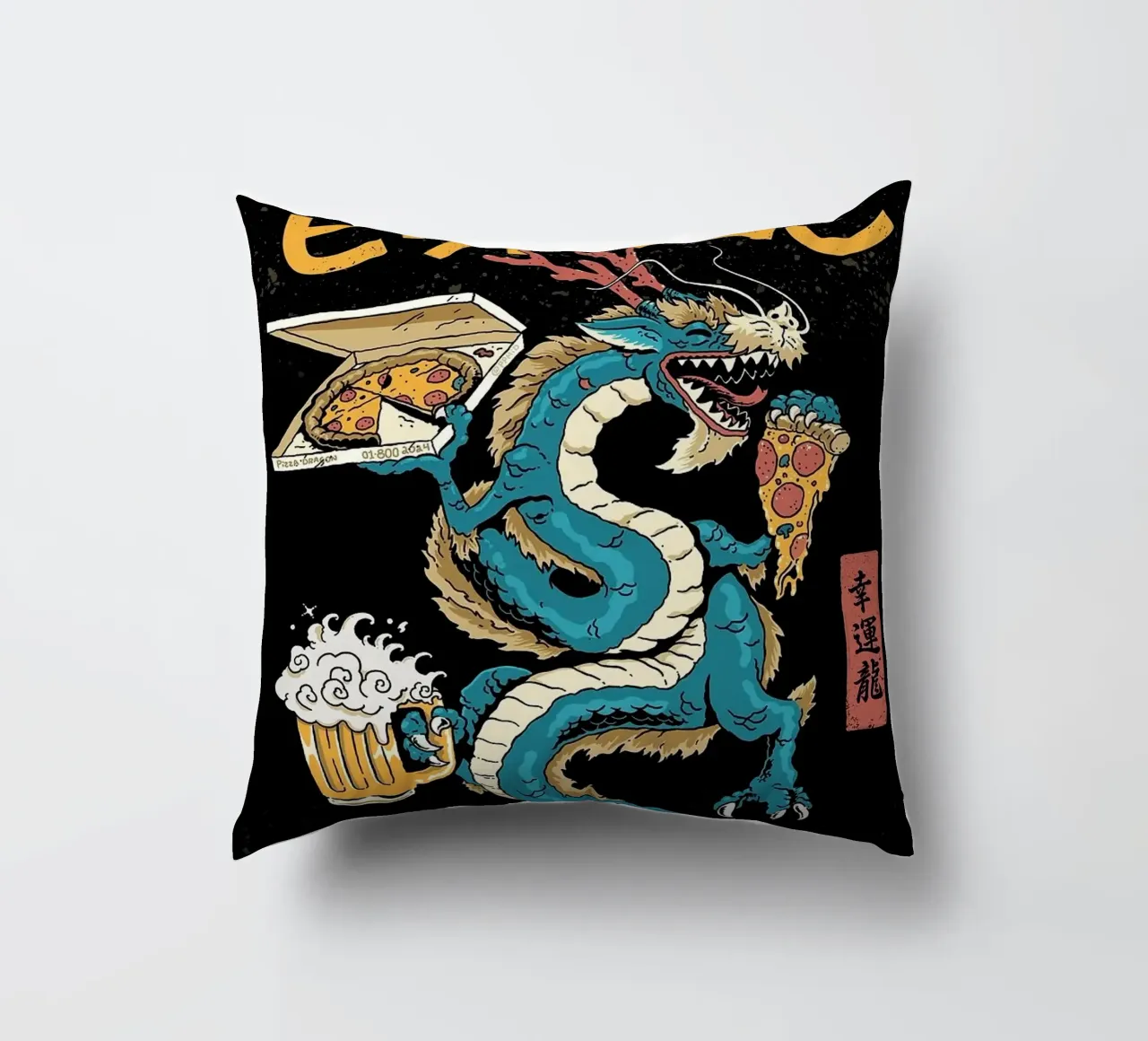 Dragon drinking beer with pizza cuscino da Abstract Botanical Art