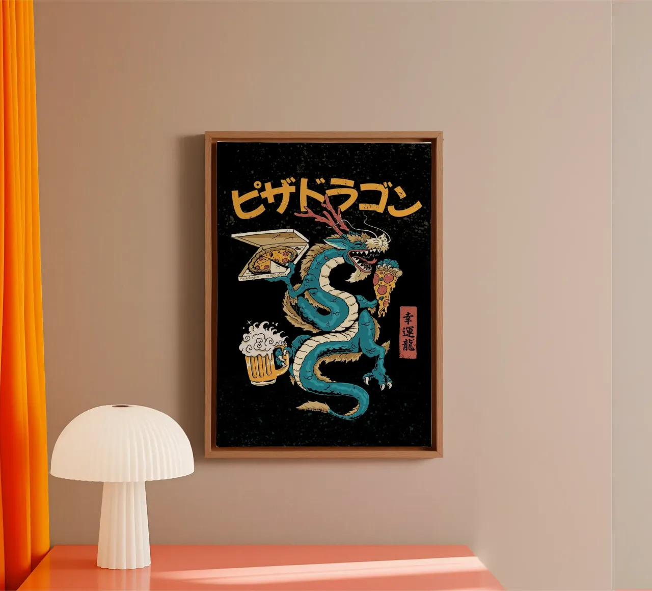 Dragon drinking beer with pizza tela con Cornice a cassetta da Abstract Botanical Art
