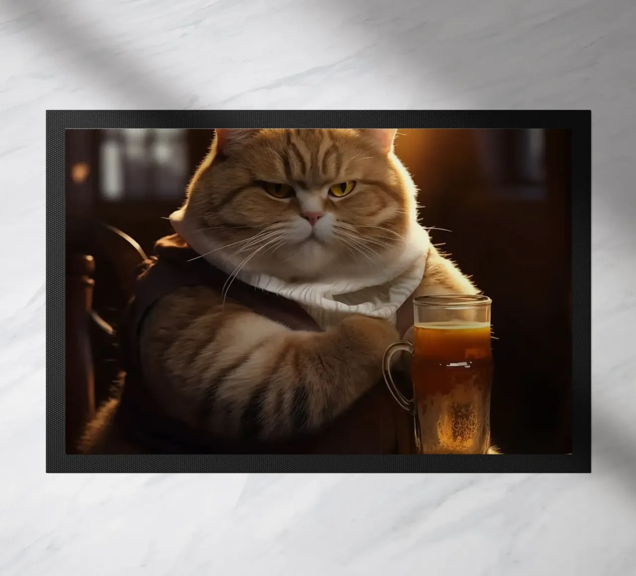 cat drinking beer doormat by Abstract Botanical Art