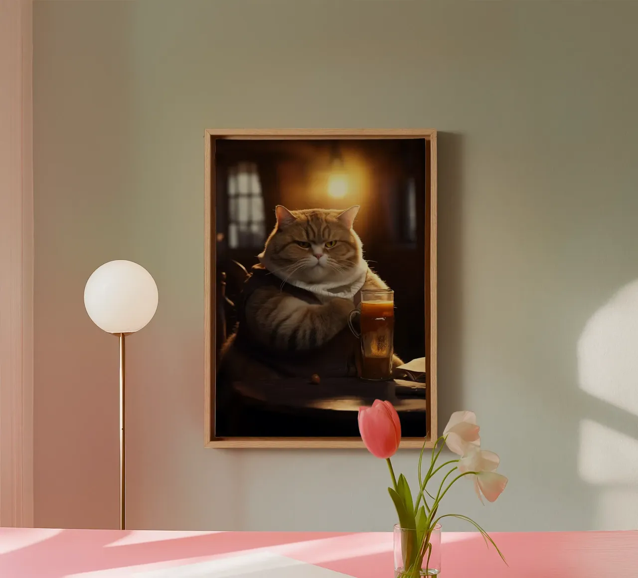gatto che beve birra tela con Cornice a cassetta da Abstract Botanical Art