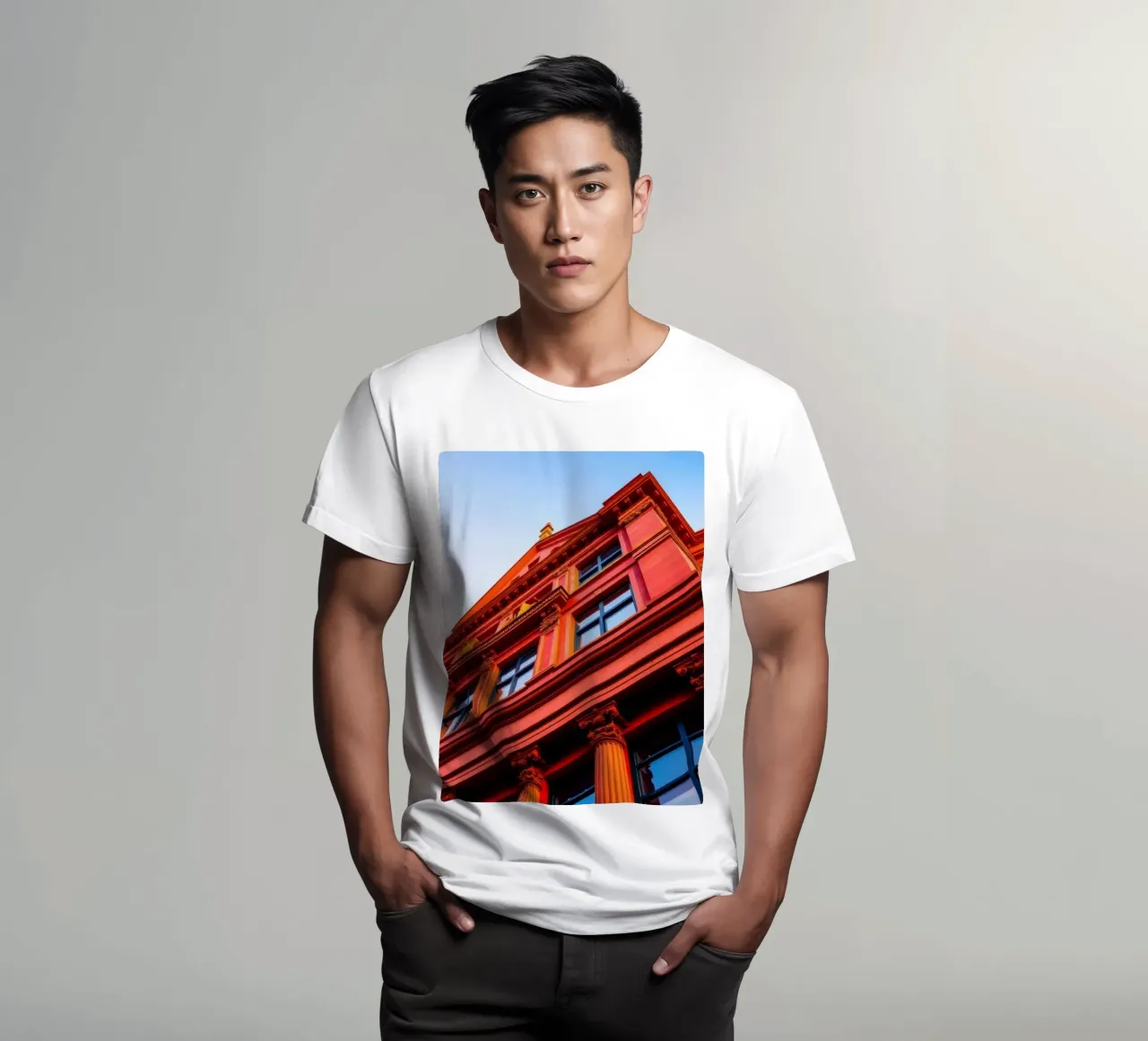 edificio storico illuminato dalla luce del sole in un cielo limpido e azzurro t-shirt da DesignDoodle