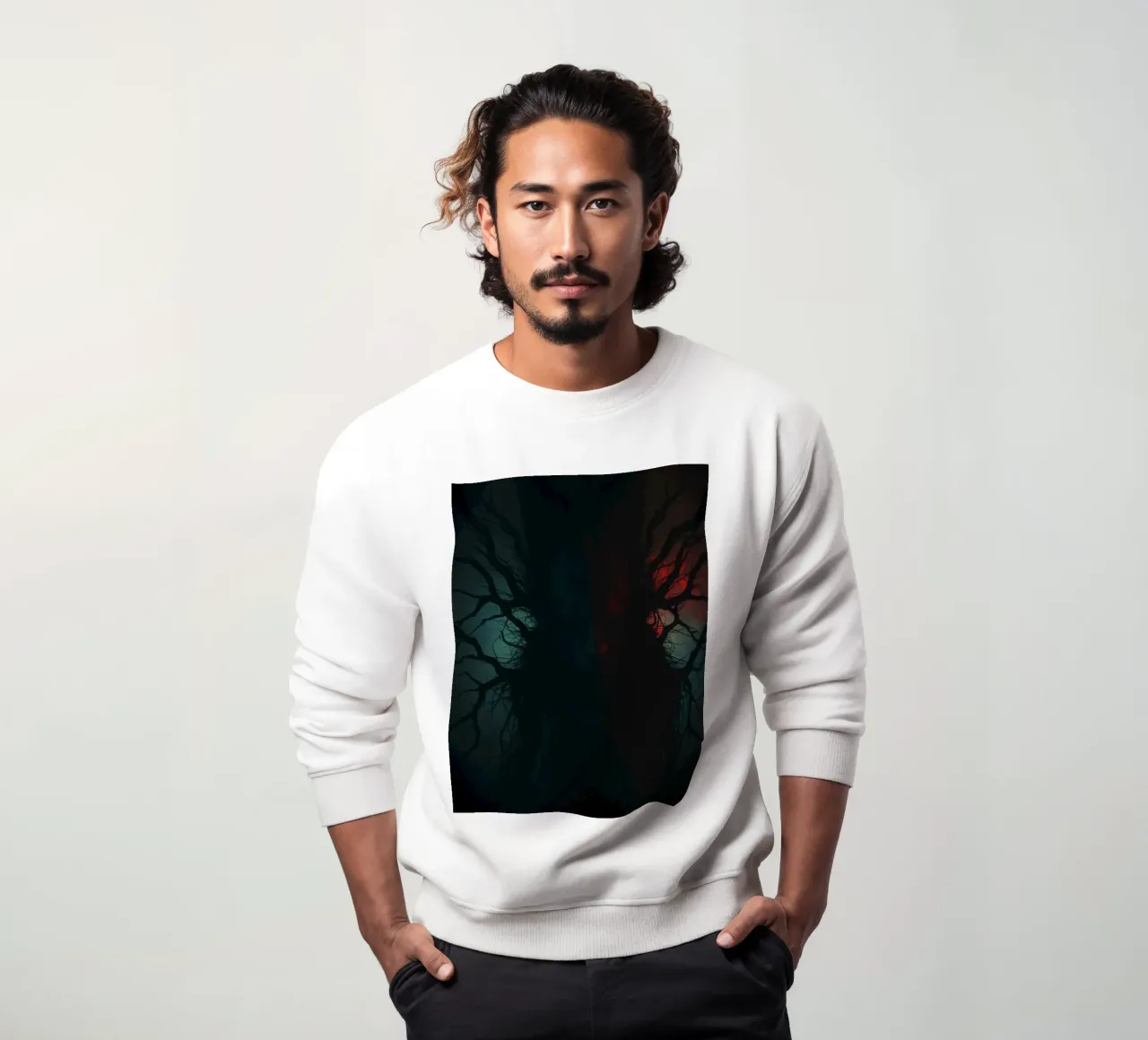 Dark tree with eerie branches illuminated by red and blue sweatshirt by DesignDoodle